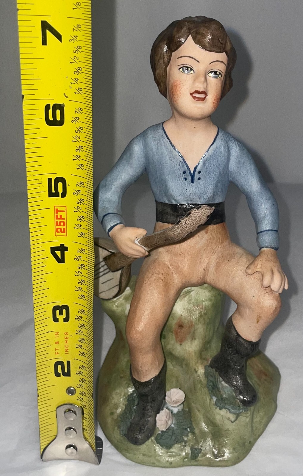 Bisque Porcelain Boy W/Stringed Instrument Figurine Romania 6 1/2 Inches High