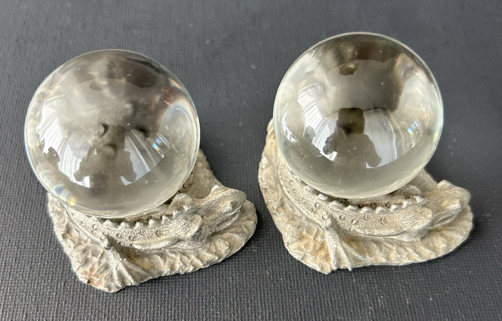 Spoontiques Pewter Fantasy Magic Dragon Serpent Clear Crystal Ball Pair Figurine