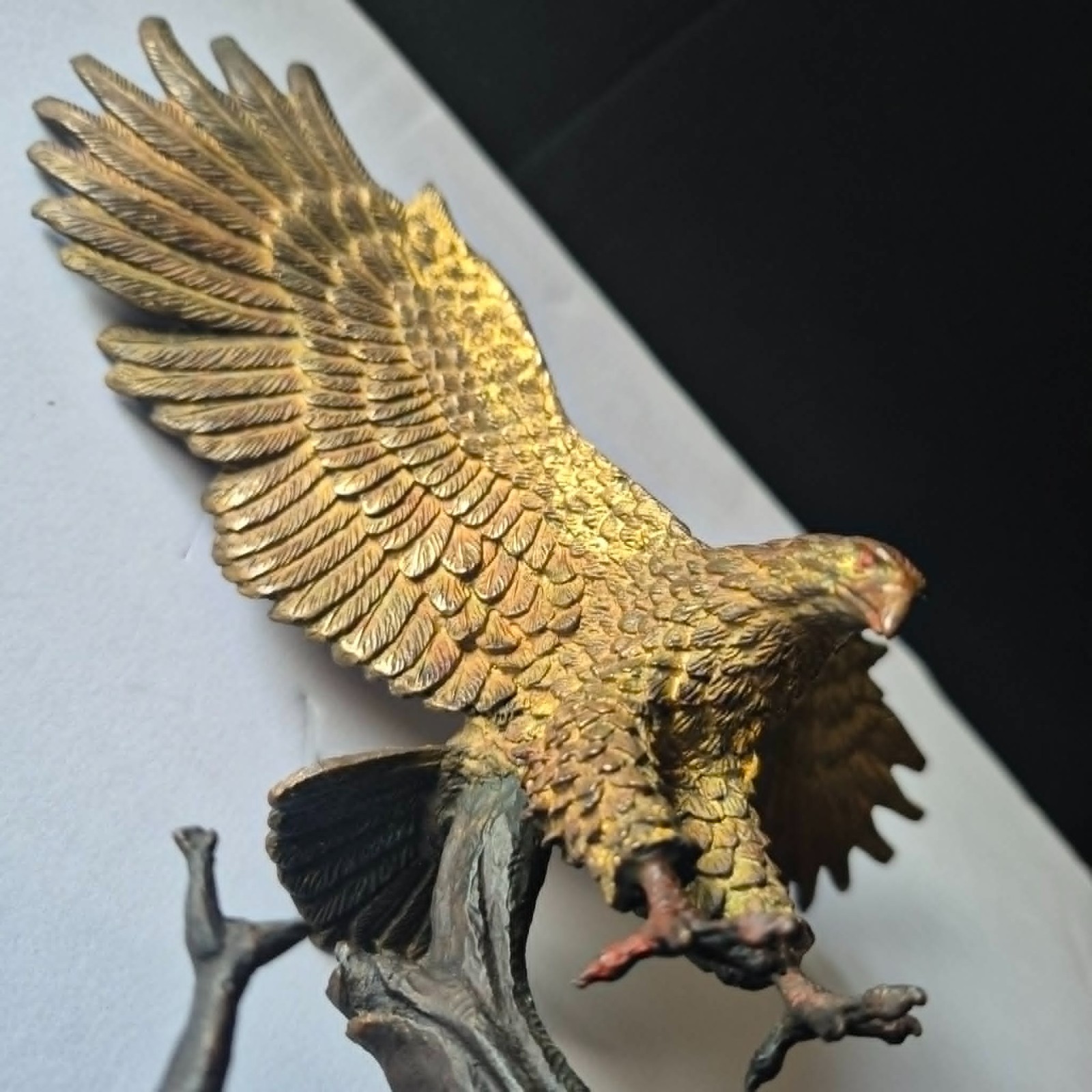 Solid Bronze Eagle Sculpture Hunting/Launching From Branch 8″ Heavy 3 lbs Patina