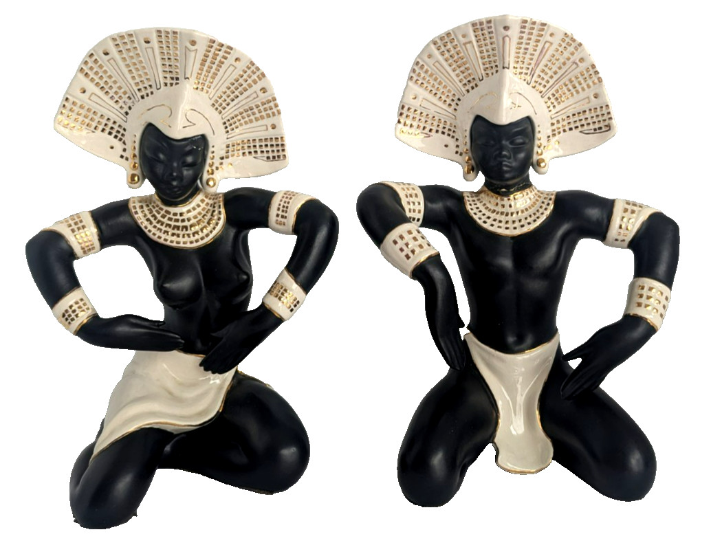 Vintage MCM Nubian Dancer Ceramic Figurines Pair Black Gold Man Repaired 12.5in