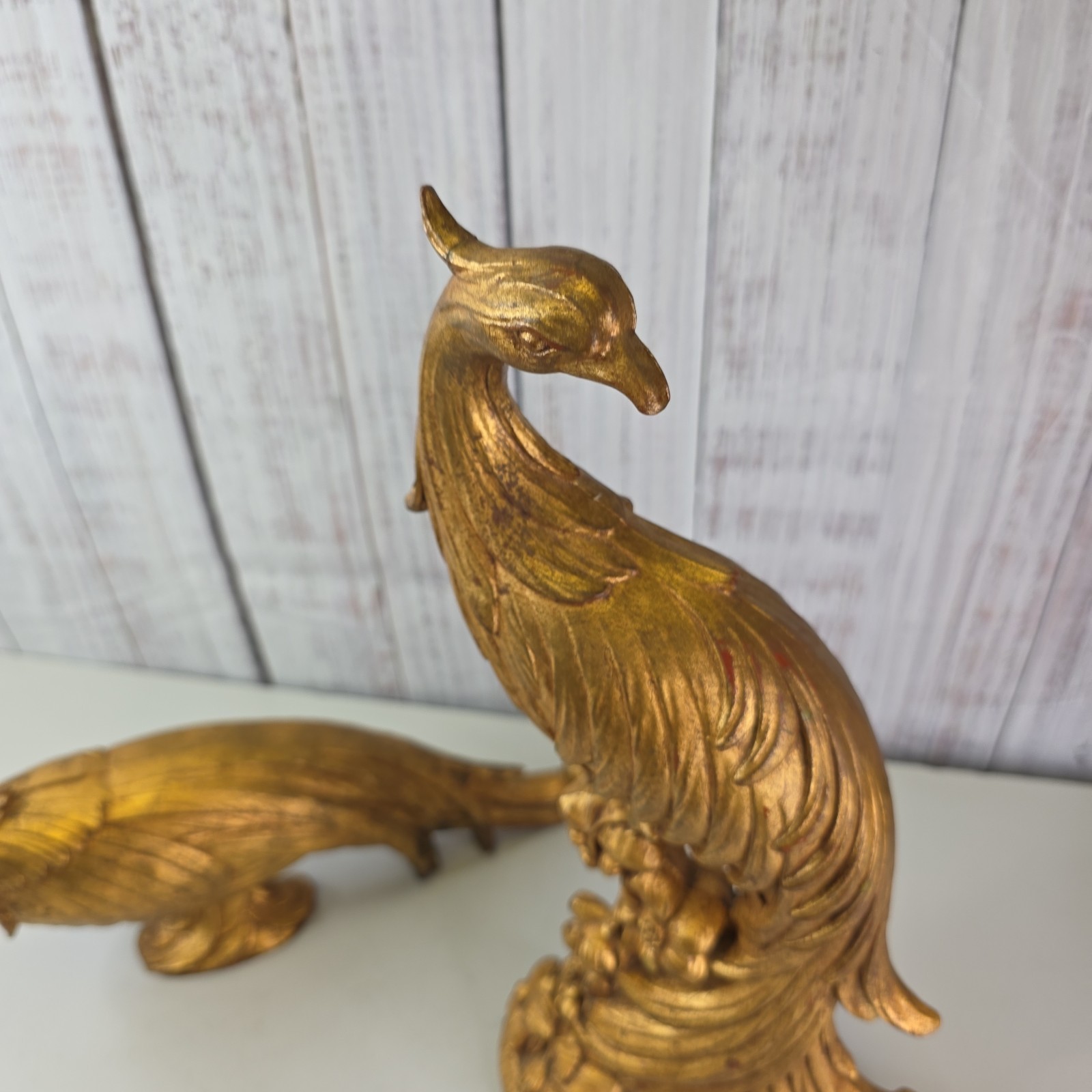 Vintage Gold Gilted Peacock Pair MCM Hollywood Regency Decor 2 Piece Figurine