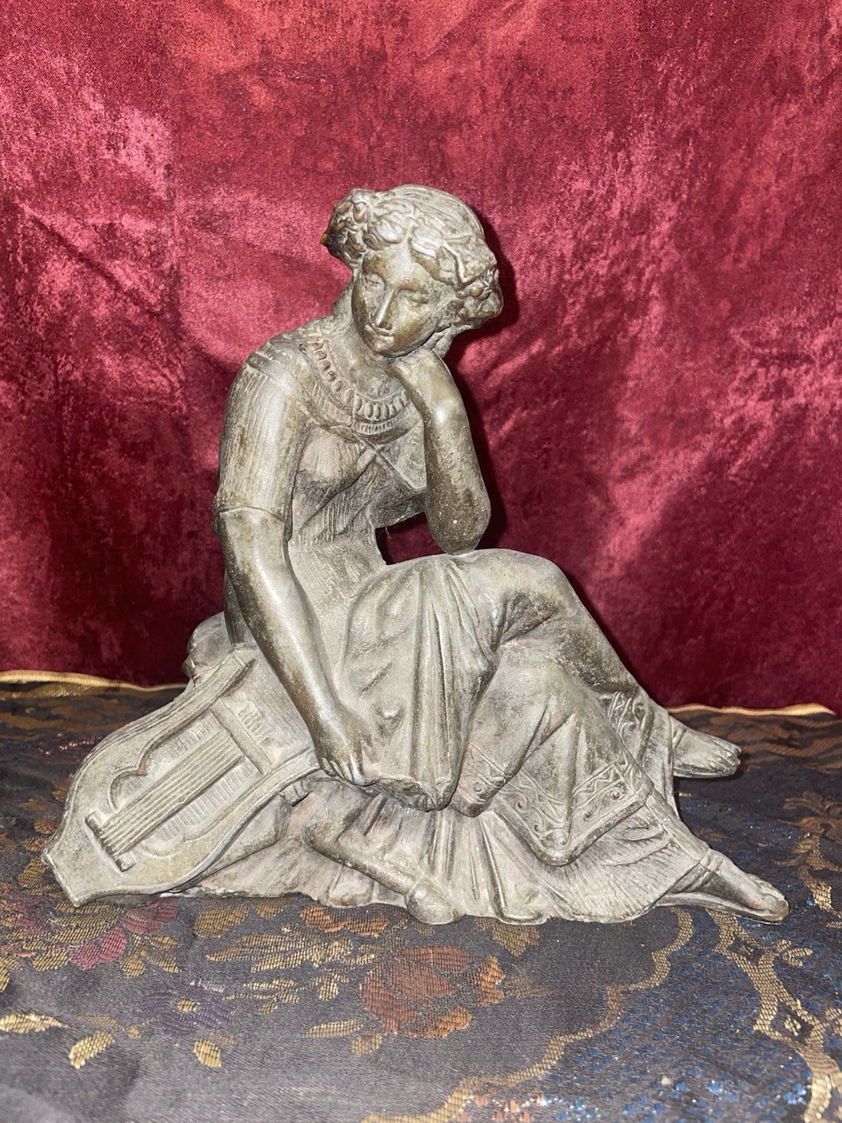 Antique Victorian circa 1890 spelter, pot metal “Ansonia” clock top lady statue