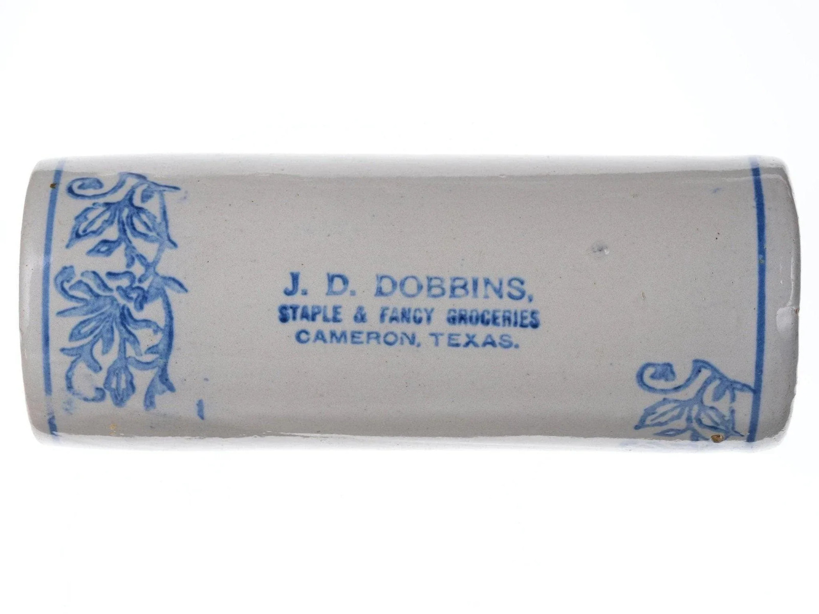 Blue and White Stoneware Cameron, Texas Advertising Rolling Pin c.1905 j.d. Robb
