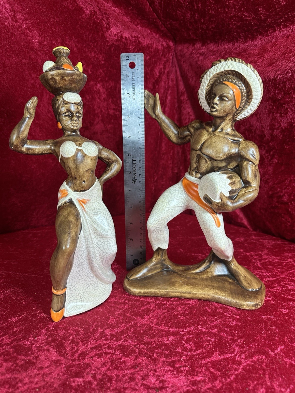 Set Of Statue Figures Calypso Island Dancer Drummer USA VTG Repaired!