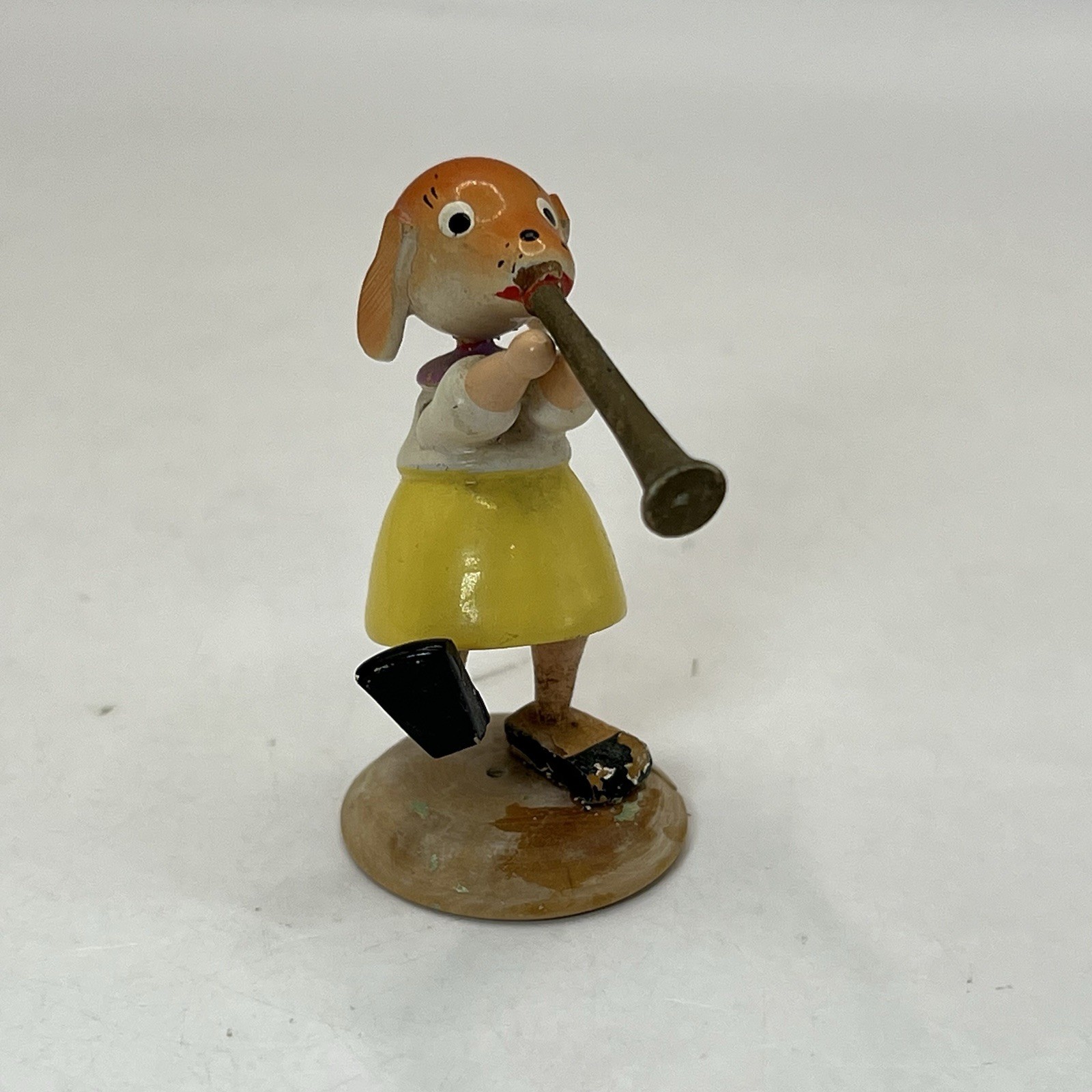 Vintage Small Wooden Painted Dog Marching Playing Horn Figure Goula Spain