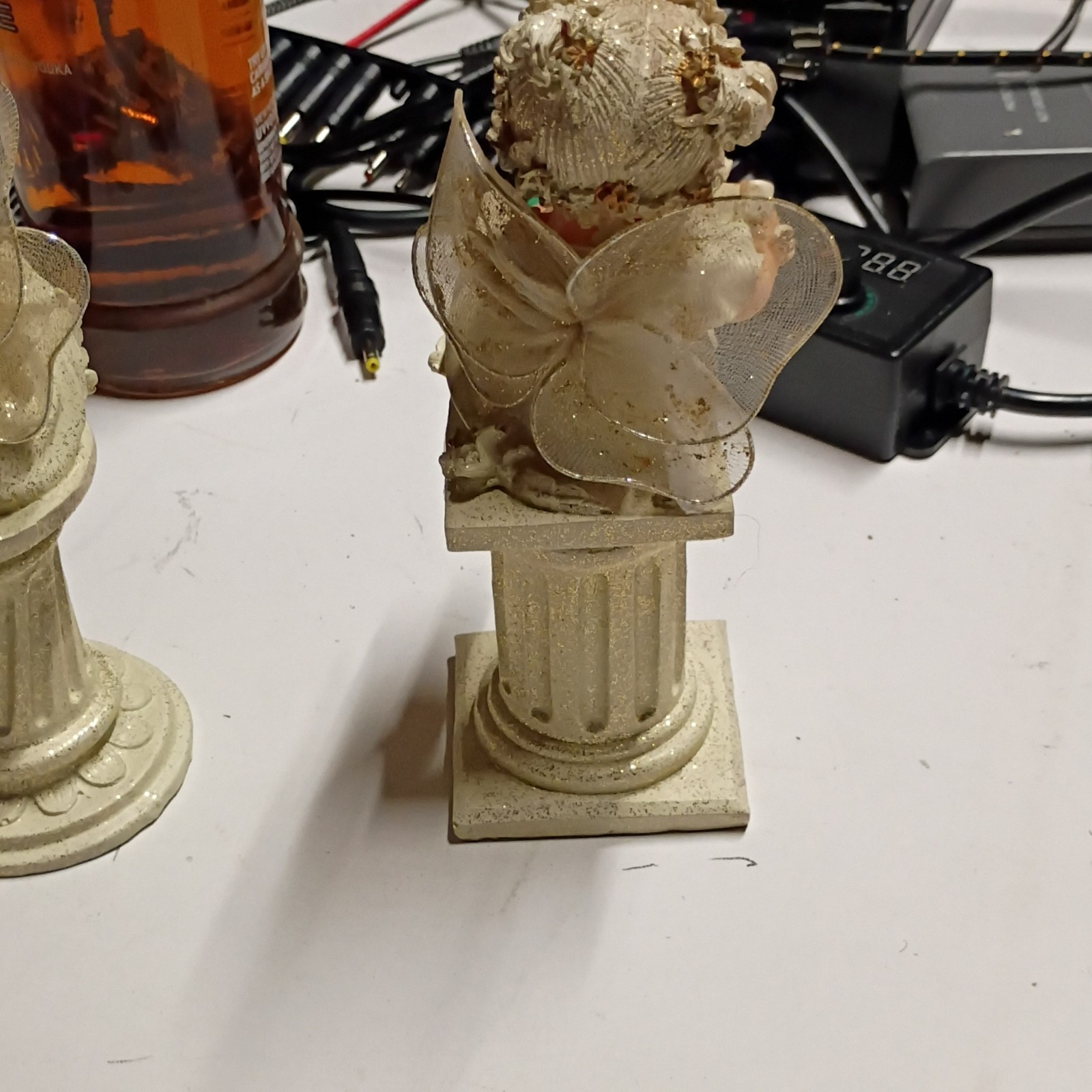 Angel Musician Figurines Beige Gold White Resin Fabric Hand Painted Set of 2