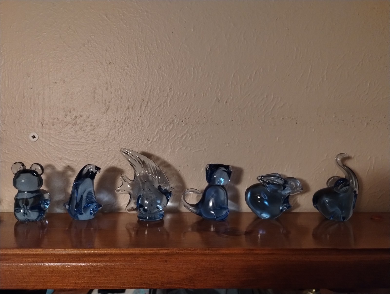 SET OF SIX CLEAR BLUE GLASS FIGURINES PAPERWEIGHTS ANIMALS