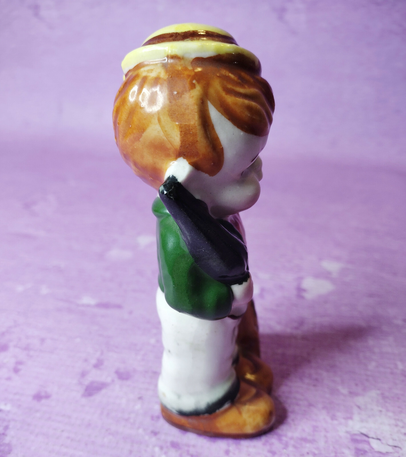 Little Boy Vintage Figurine Hat Umbrella Bag Green Coat Handpainted Bisque 5.5in