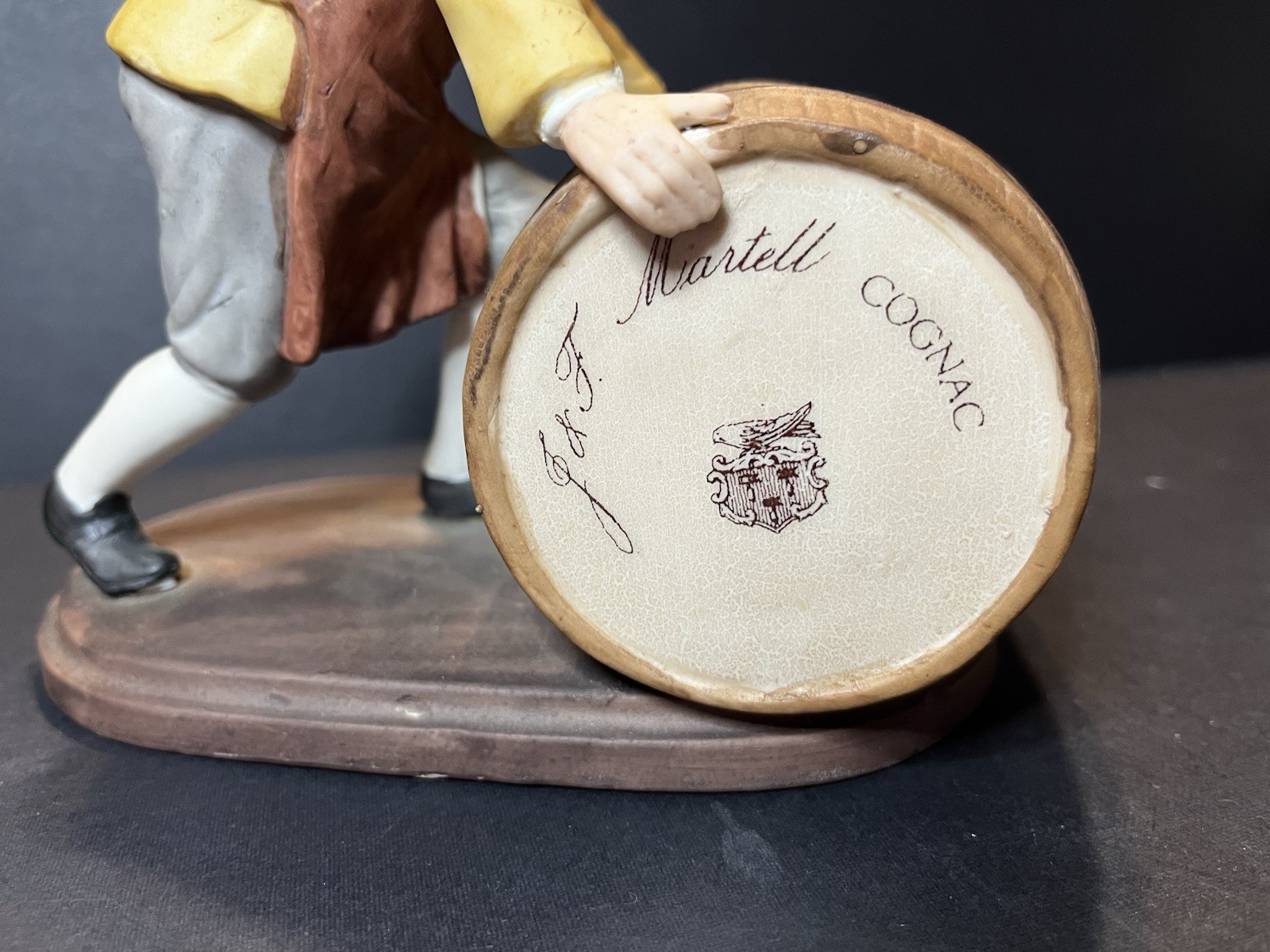 VTG J & T Martell Cognac Barrel w/ Colonial Man Figurine Porcelain Advertising