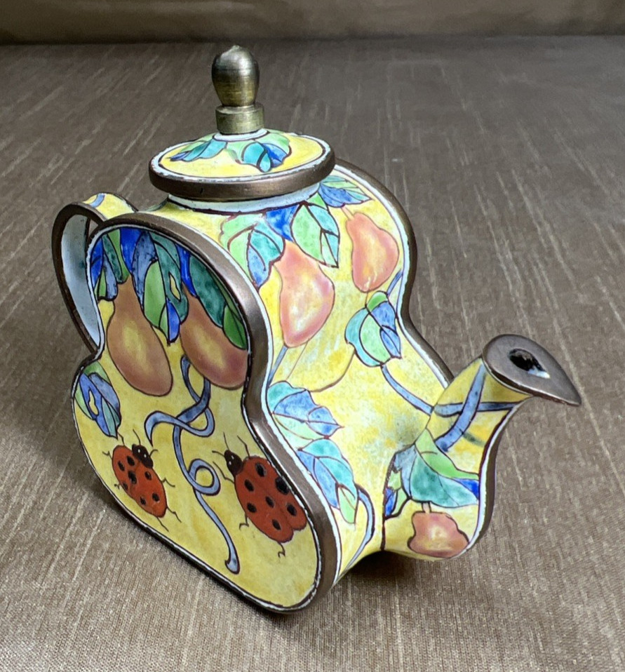 VTG Kelvin Chen Miniature Enamel Copper Pear Shape Teapot Pears & Ladybugs w/Lid