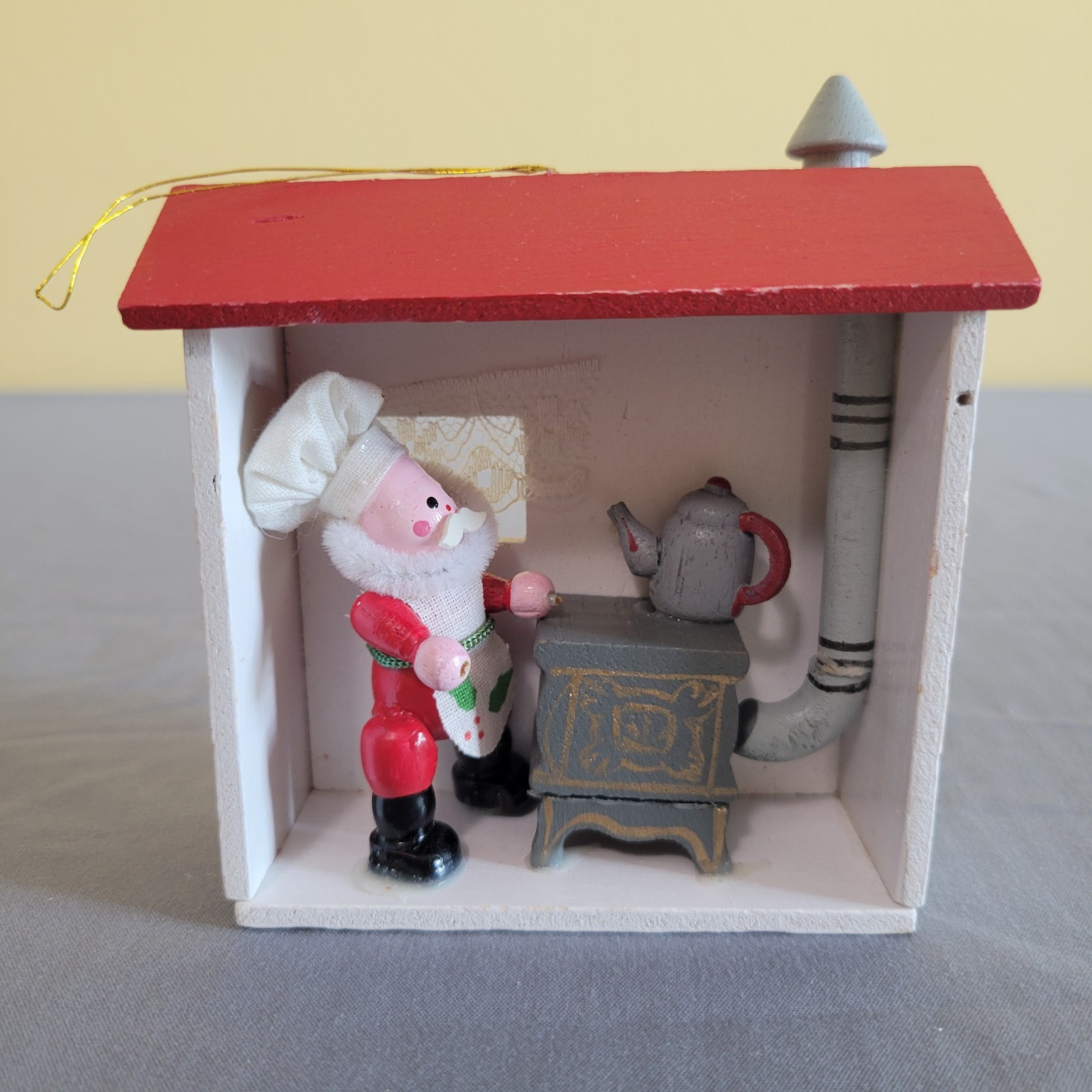 Vintage Taiwan “Santa in the Kitchen” Wooden Ornament Folk Art
