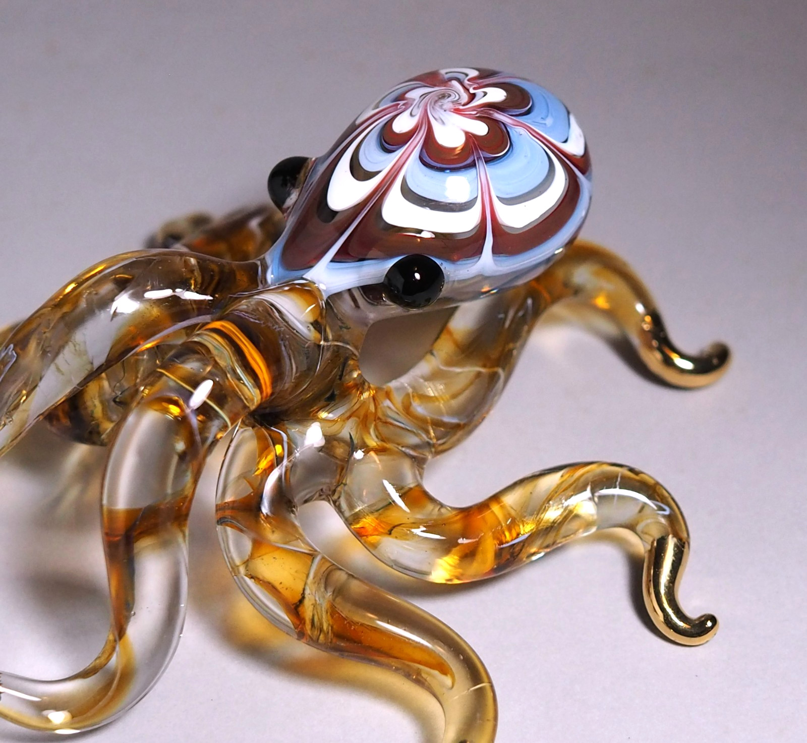 maroon Blue Octopus figurine handmade blown art glass gold trim 4.25″ decor Gift
