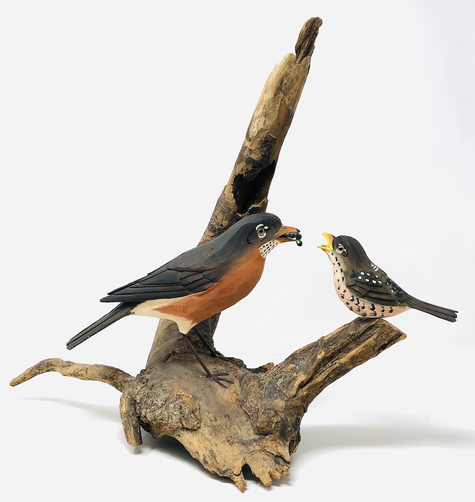 Vtg Hand Carved Birds Driftwood Sculpture Painted Art Nature BT23