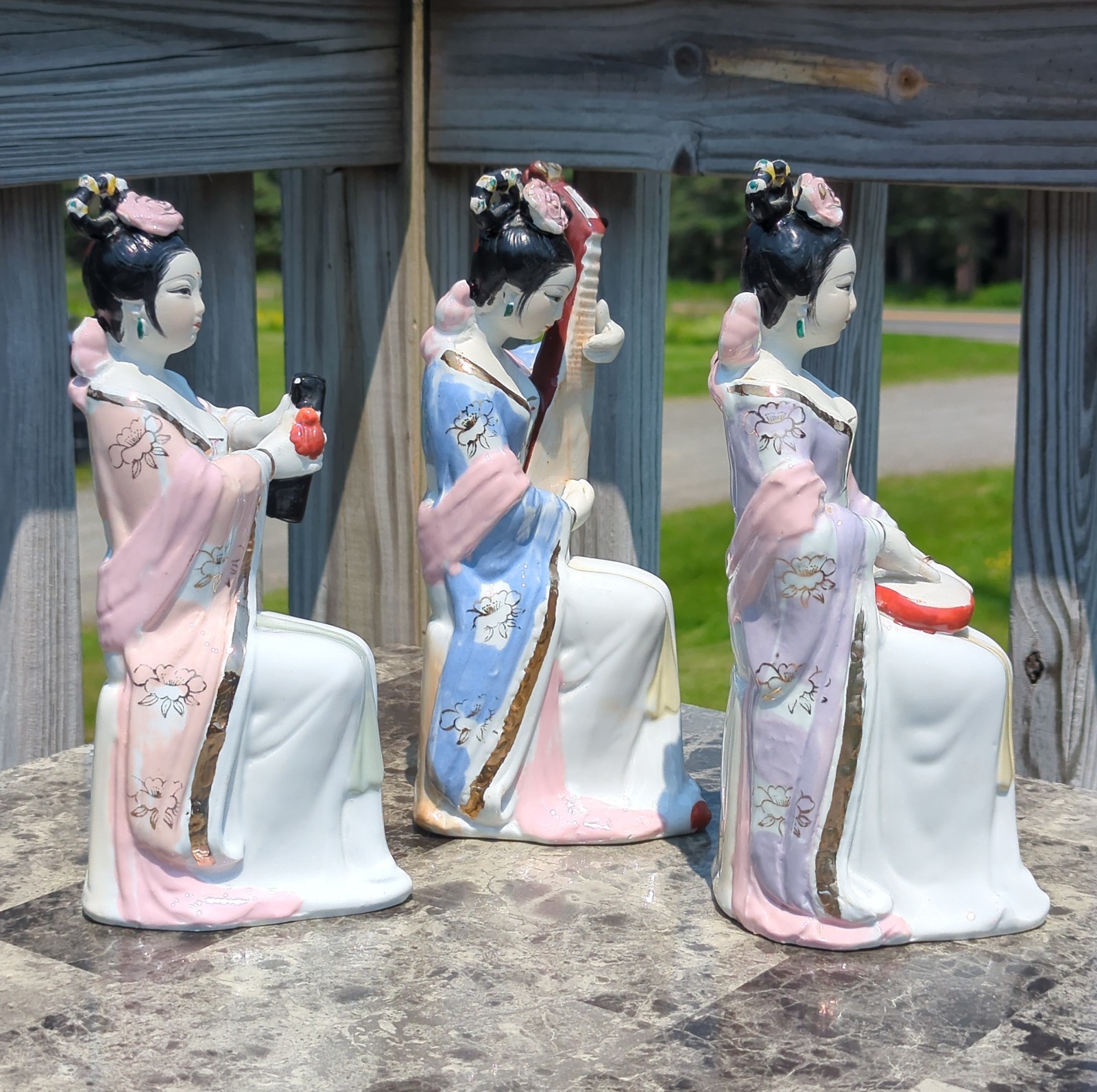 Set of 3 Vintage Geisha Courtesan Figures W/Musical Instruments 9.5″ Tall