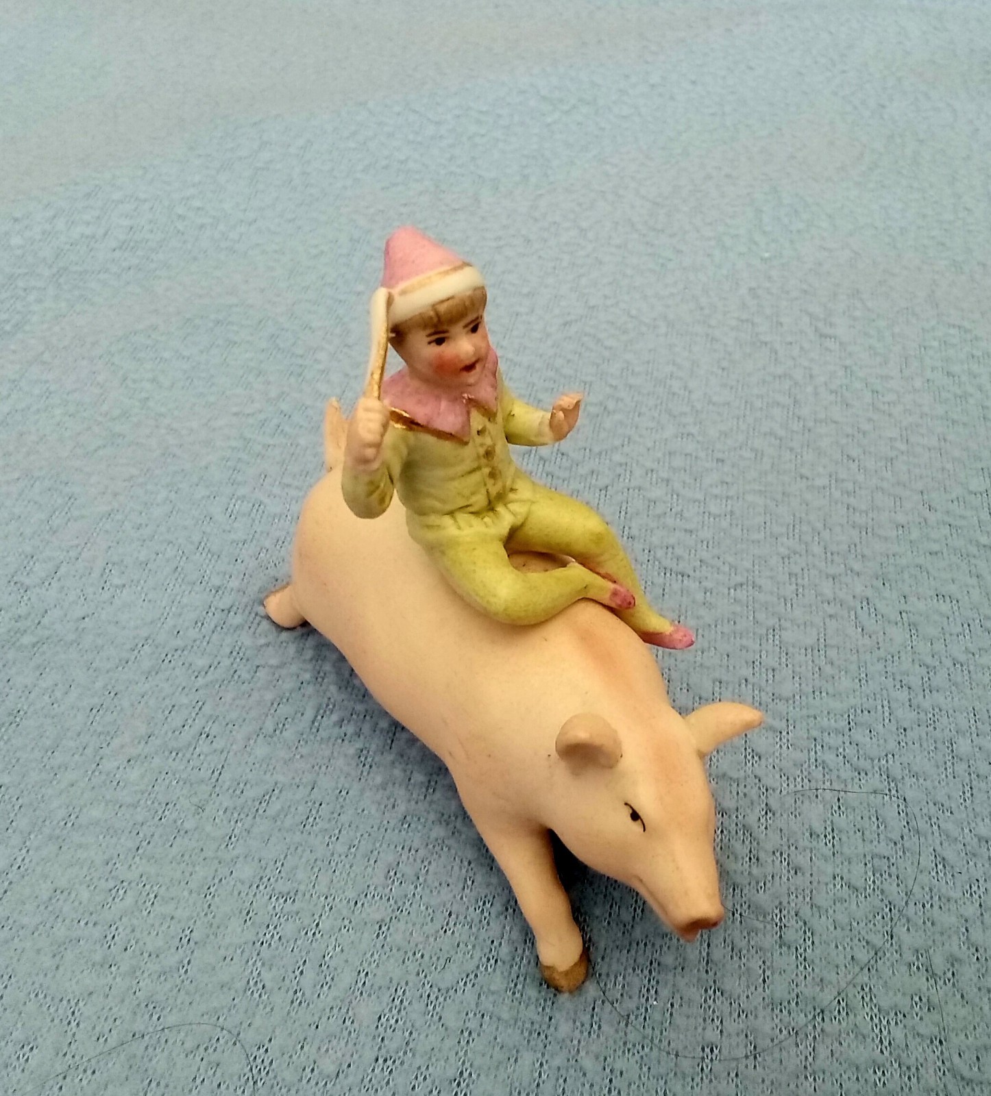 Vintage German Bisque Hertwig & Co. Young Boy On Back Of Running Pig