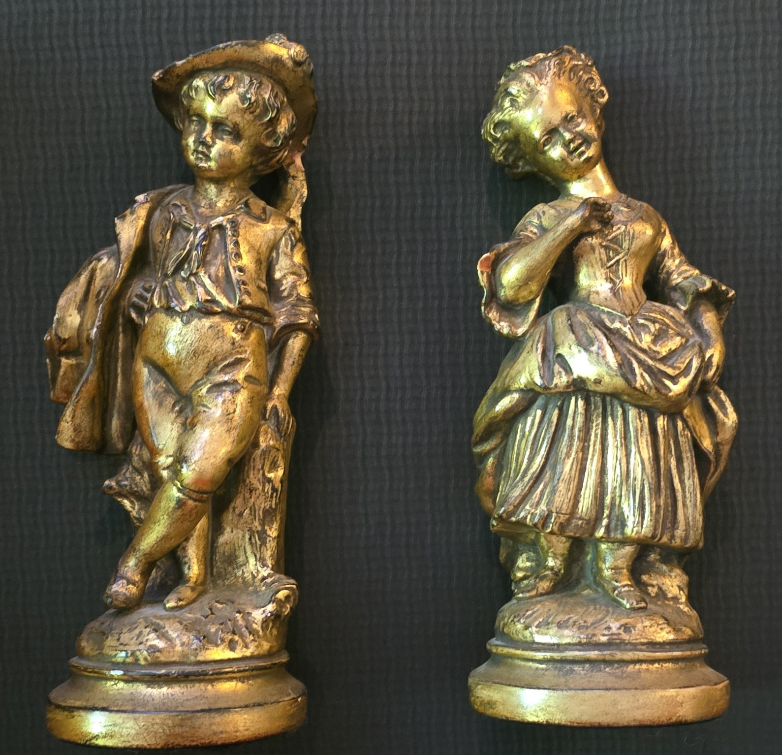 AUTHENTIC VINTAGE Borghese Antique Gold Metal Figurines Pair Boy & Girl Children