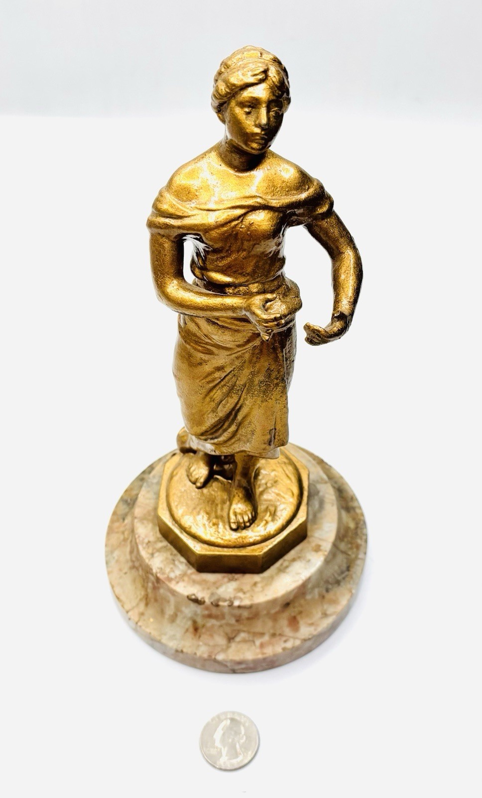 Enameled Metal Peasant Lady Decorative Figurine With Marble Base -thumb As Is