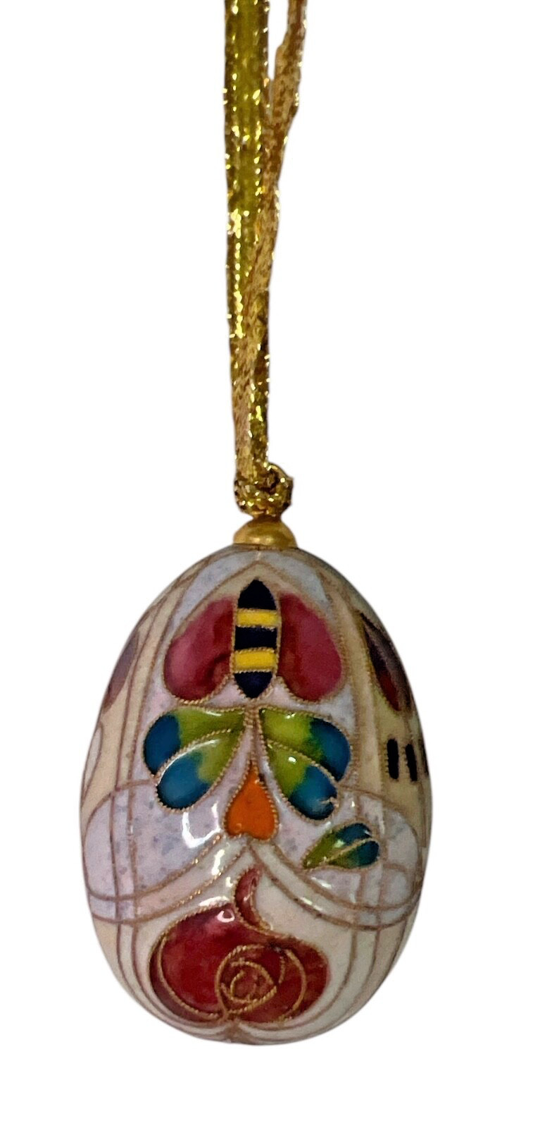 2 Chinese Cloisonne Egg Ornaments Enameled Flowers / Birds / Bees Vintage