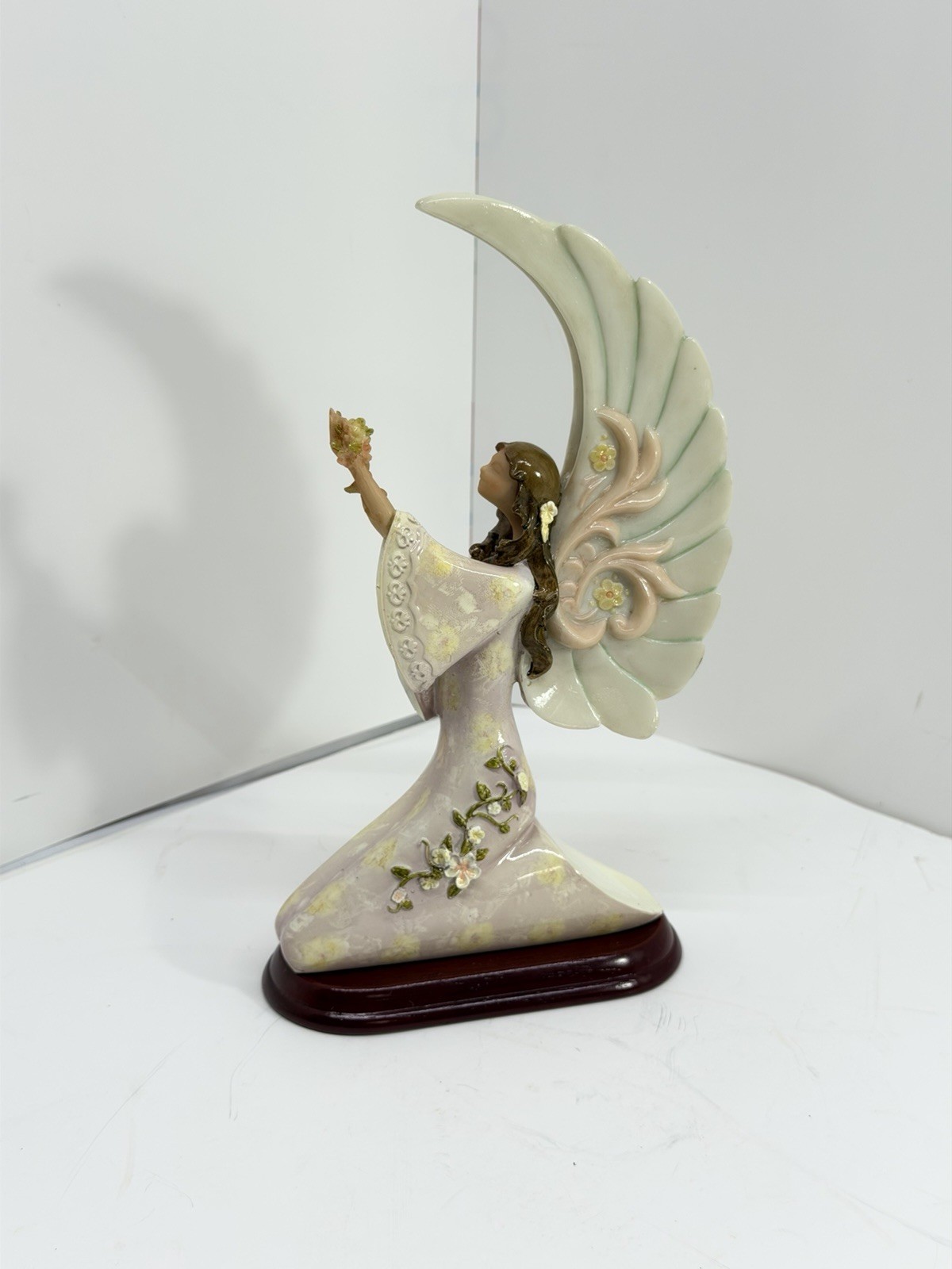 Vintage Angel Religious Figurine Kneeling Floral Pastel Wood Base Curved Wing