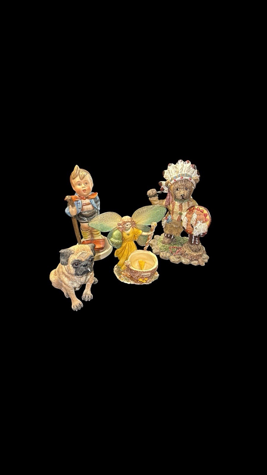 Lot of 4 Collectible Figurines Goebel Hummel SIAB Fairy Pug Bear Resin Decor