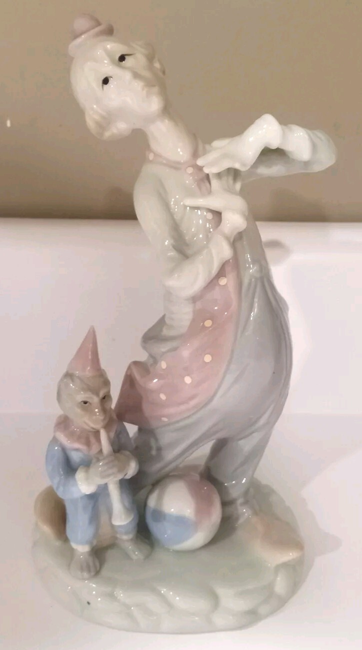 Circus Sad Clown with Monkey and Ball Beautiful Pastel Colors Porcelain 8”