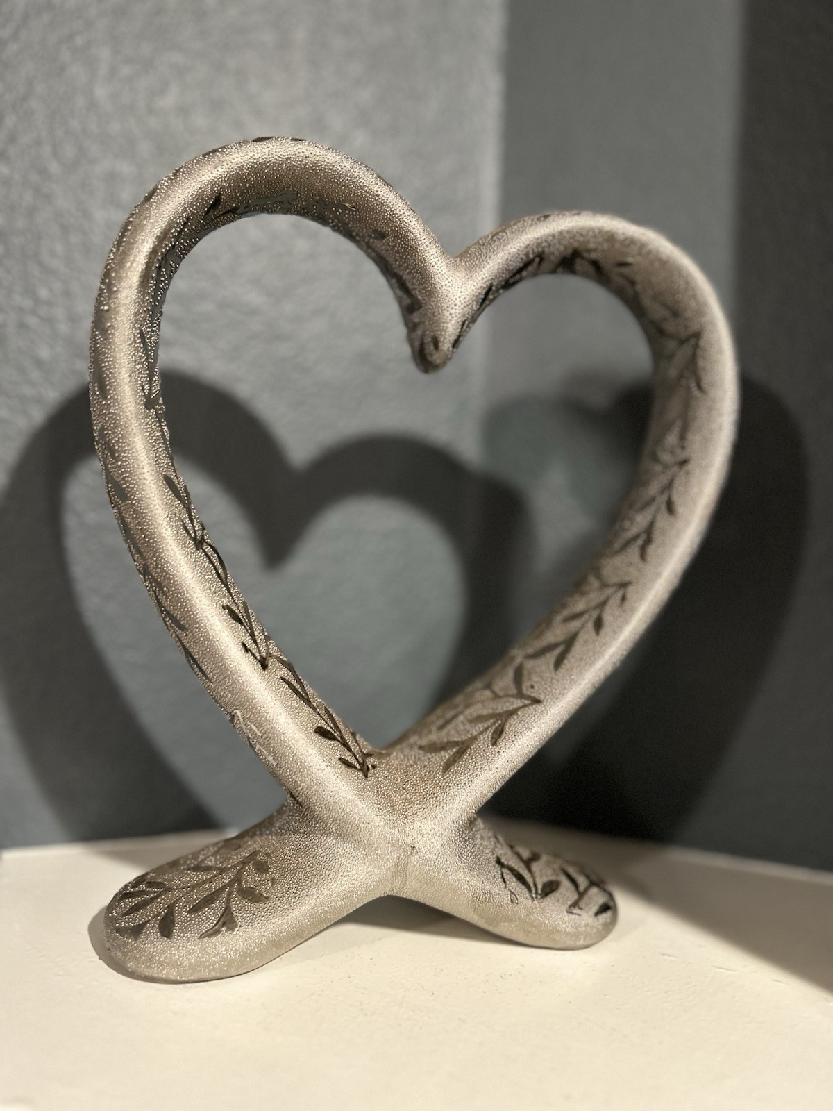 Large Ceramic Silver Textured Heart Sculpture 9”x8”