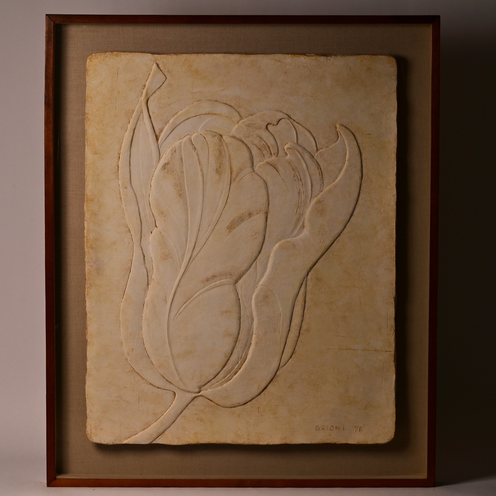 BRIONI Original Vintage Signed Bas Relief Plaster Wall Sculpture Floral Painting