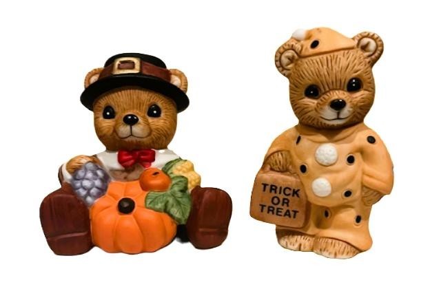 Vintage Homco Holiday Bears Thanksgiving Halloween #1413 & #5311 Figurines 2″
