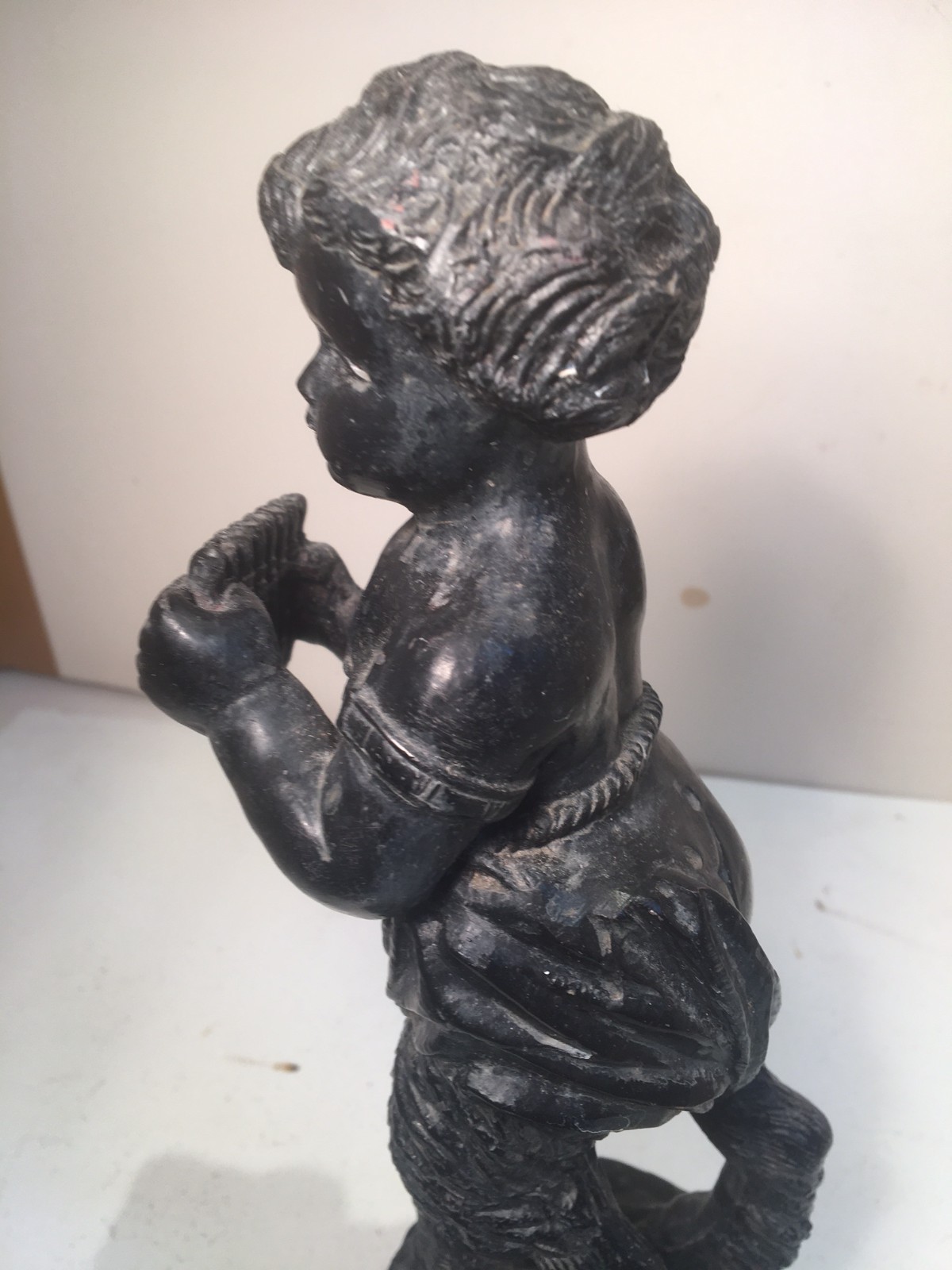 ANTIQUE SCULPTURE METAL SPELTER- BRONZE PAN SATYR FAWN ON MARBLE BASE MYTHOLOGY