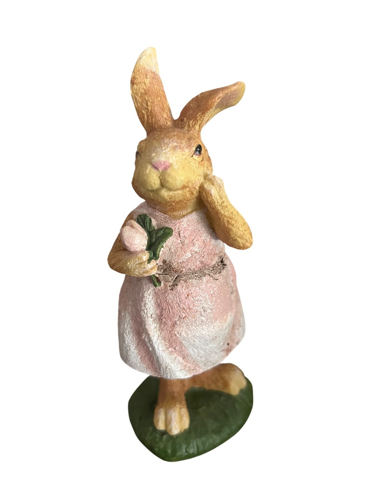 Hand-Painted Resin Bunny Figurine In Pink Dress Holding Flower