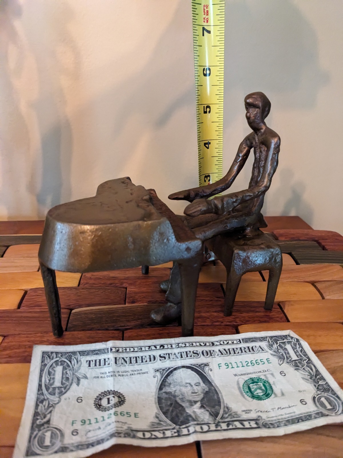 Brutalist 1960s MCM Bronze Metal Sitting Man Playing Piano FIgurine Scultpure