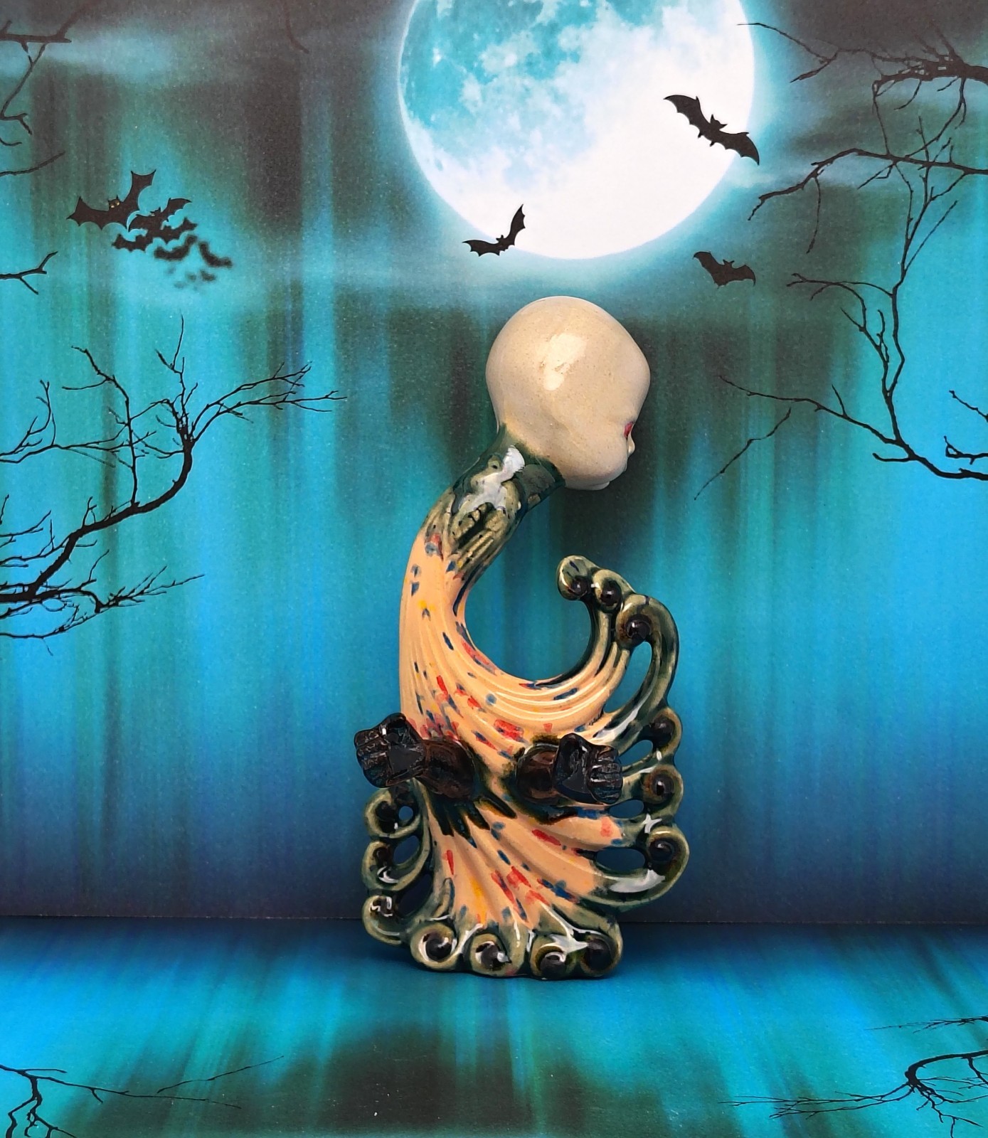 The Peacock’s Last Reach – Handmade Ceramic Figurine Gothic Horror Halloween