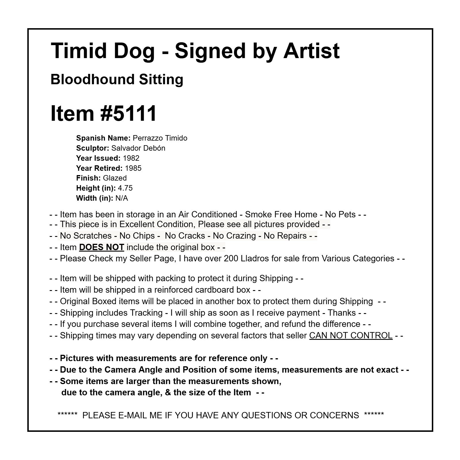 Lladro #5111 Timid Dog NO DAMAGE Lladro 5111 Timid Dog Bloodhound Sitting SIGNED