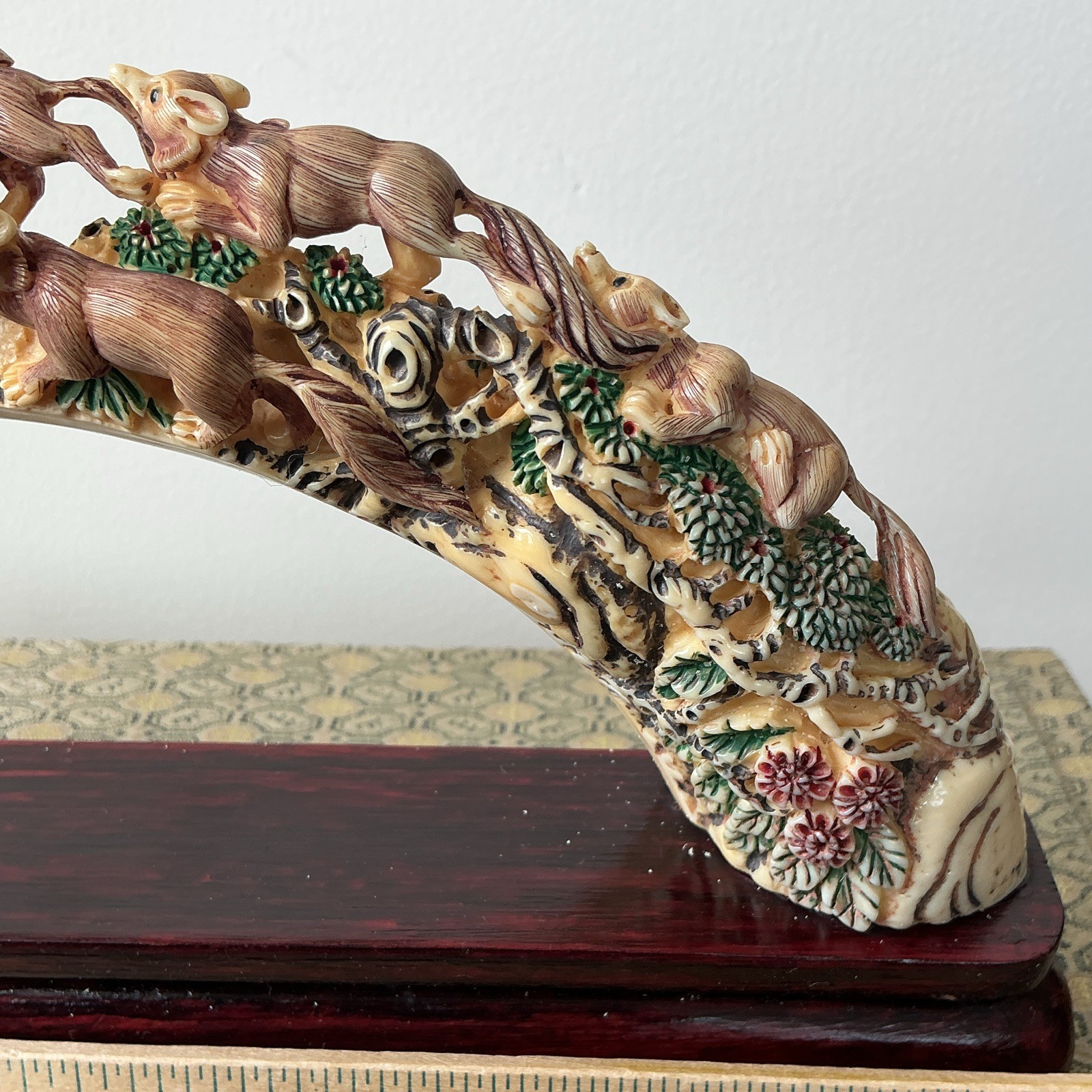 Ivory color Group animal Arch Sculpture on Dark Wood Base Brown Beige Green