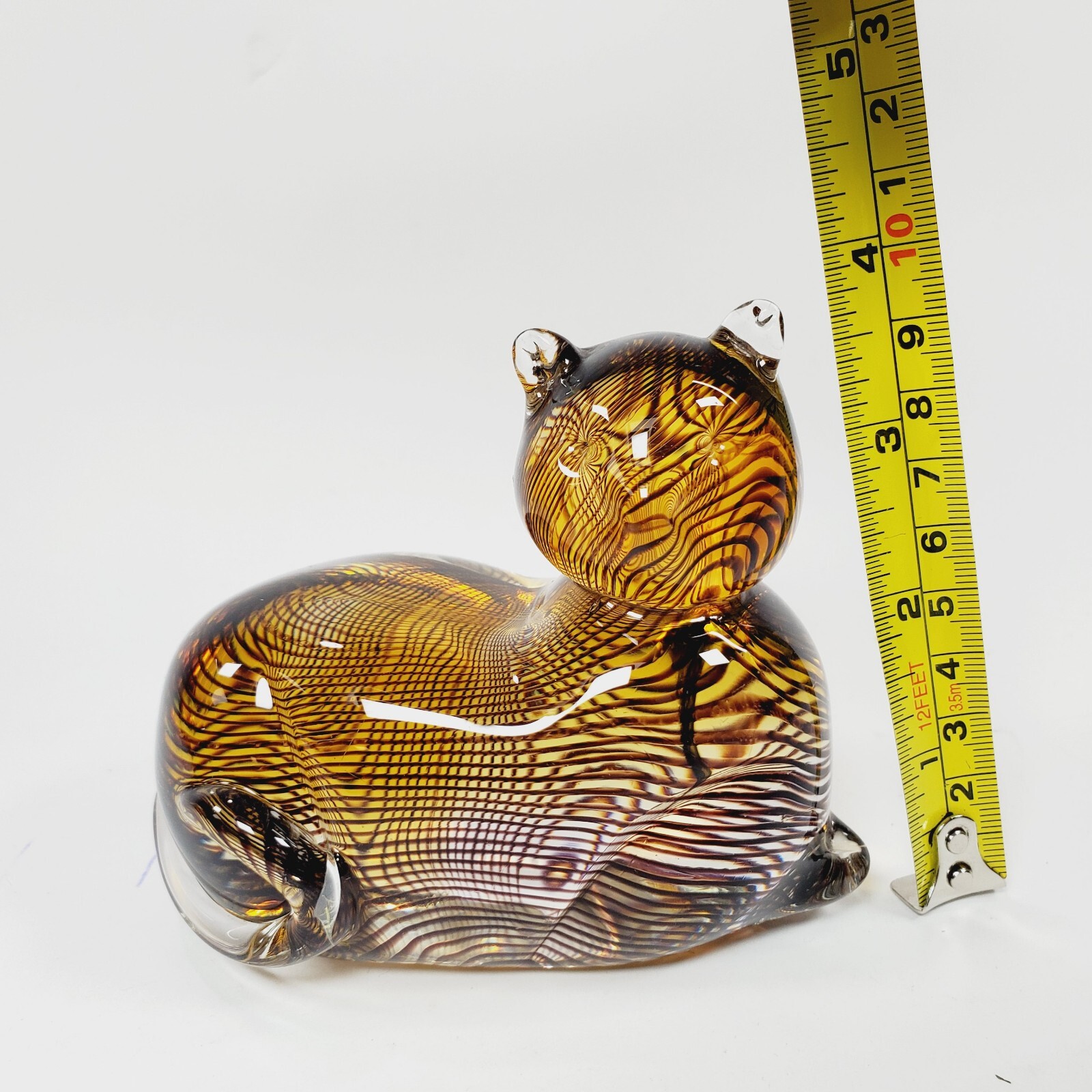 Lenox Tawny Tigress Glass Cat Figurine Amber Clear Black Stripes Paperweight