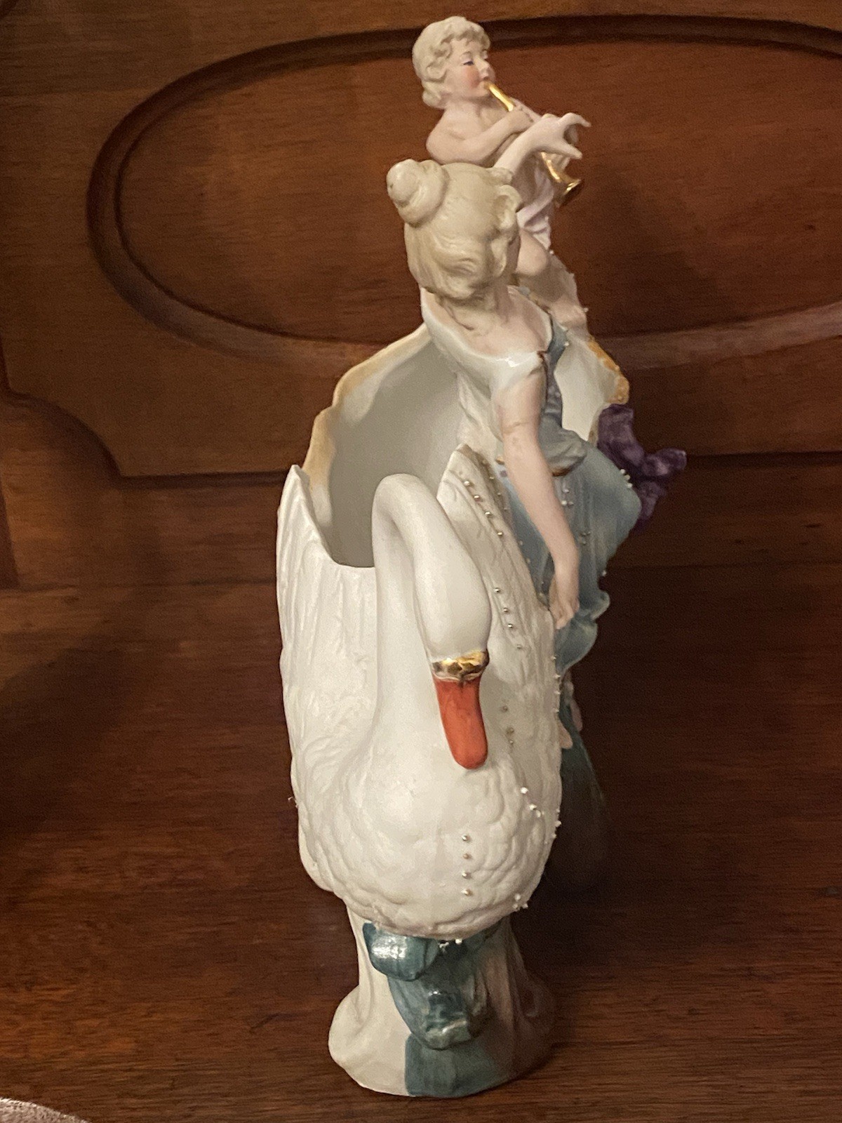 2 German Vintage Bisque Cherub Swan Lady Porcelain Planters 2373 Antique