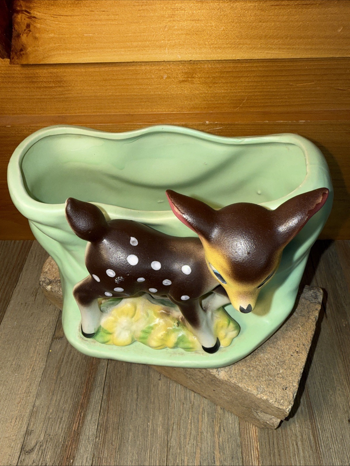 Vintage Inarco Napco Deer Planter Green Bambi Inspired Fawn MCM Kitsch #FB1667