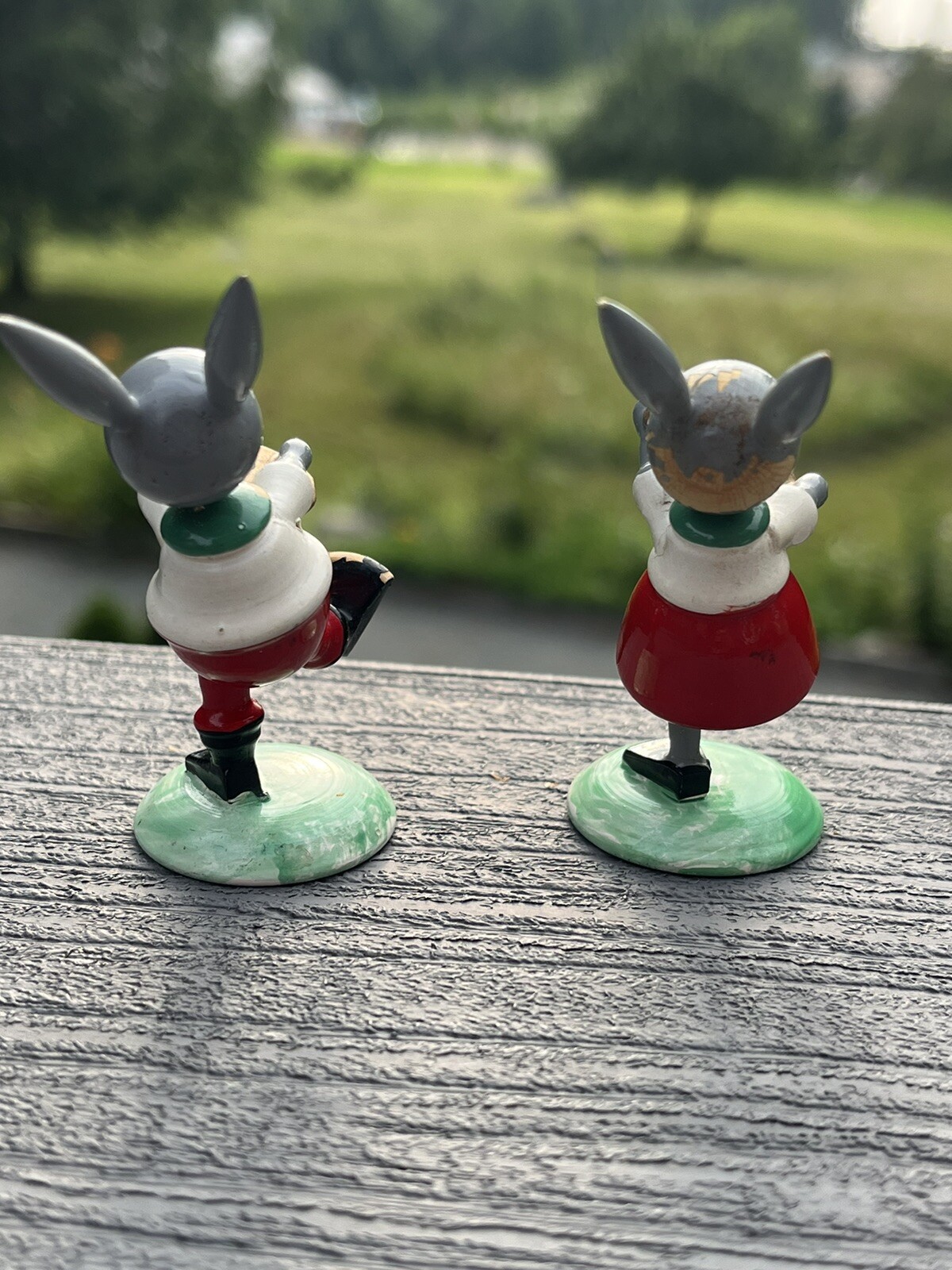 2 Vintage Goula Spain Musical Bunny Rabbit Wood Mini Miniature Figurines
