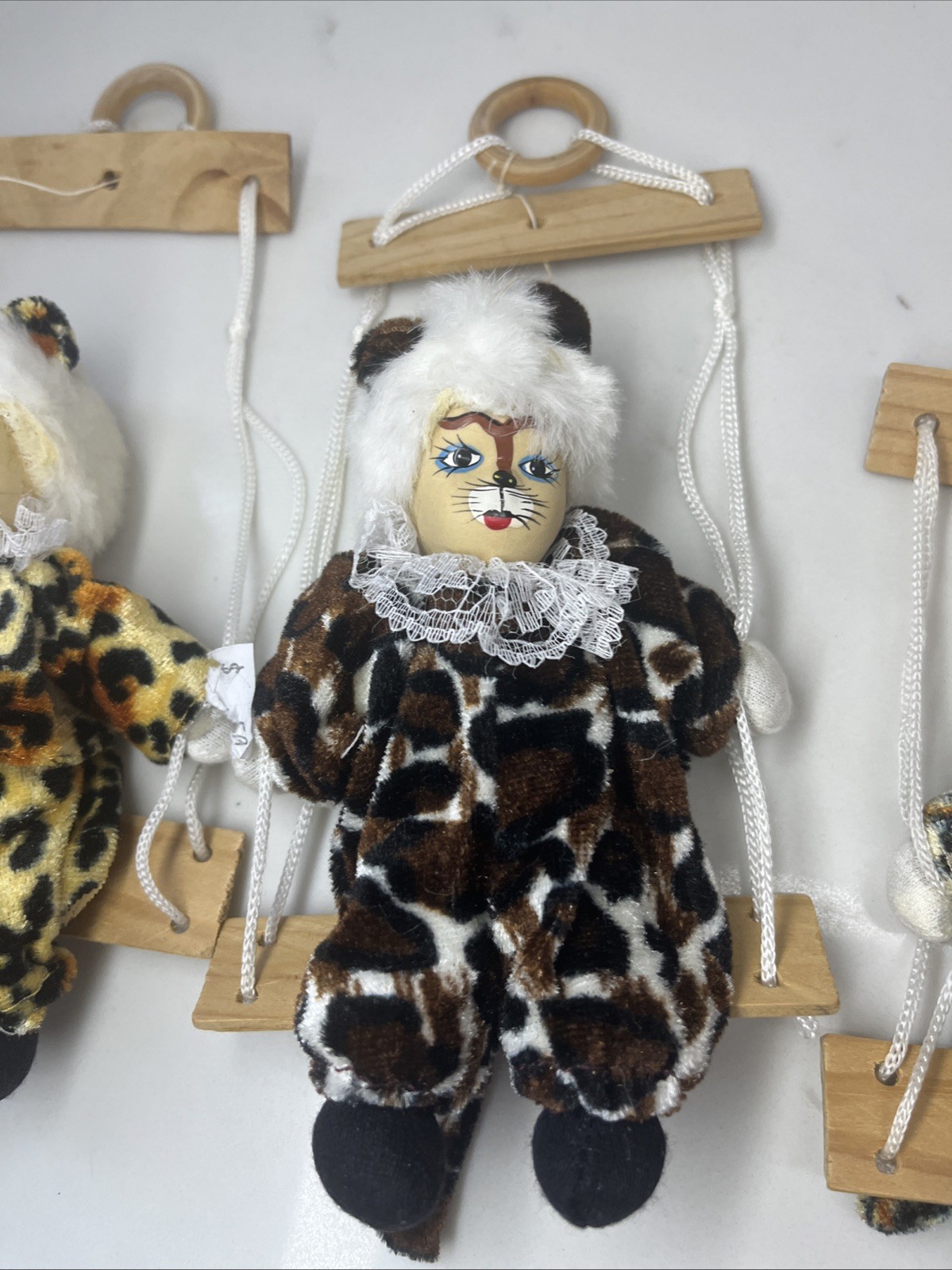 Vintage Porcelain Head Cat Doll Figure Animal Print Circus Trapeze Hanging