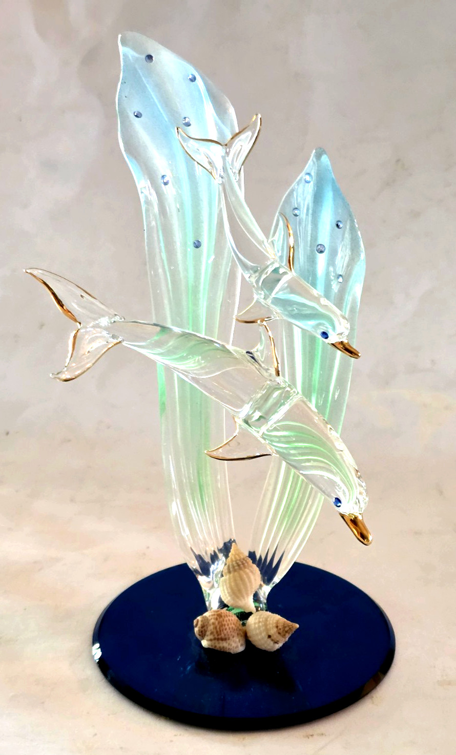 Glass Baron Dolphin & Baby Figurine Swarovski Crystals Gold Trim 7.75” EXC!