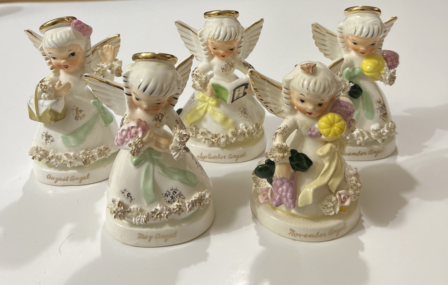 Vintage Napco Ceramic Birth Month Angels Figurines Japan 5 Pcs. Read!