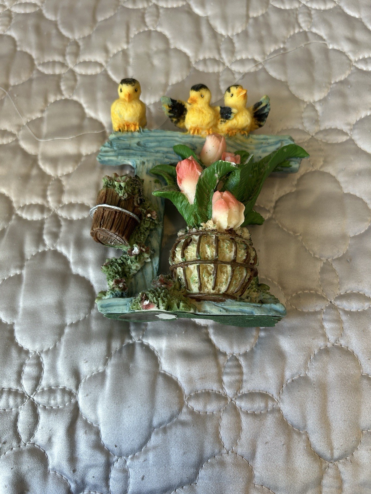 Vintage Garden Theme Figurine with Yellow Birds and Tulip Flowers