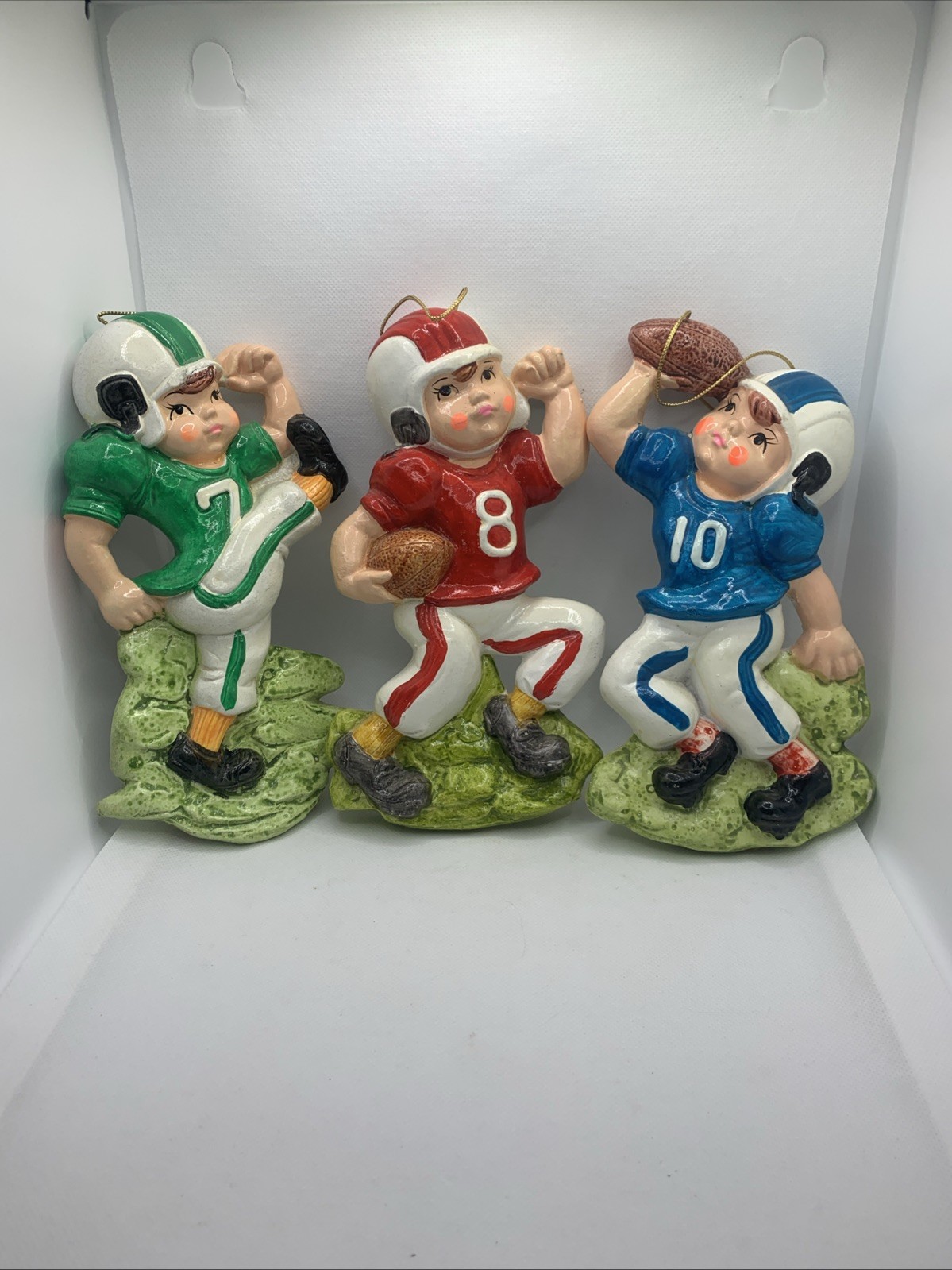 Vintage 1973 CHALKWARE Football Player Set of 3 Blue Green & Red JAPAN 9”
