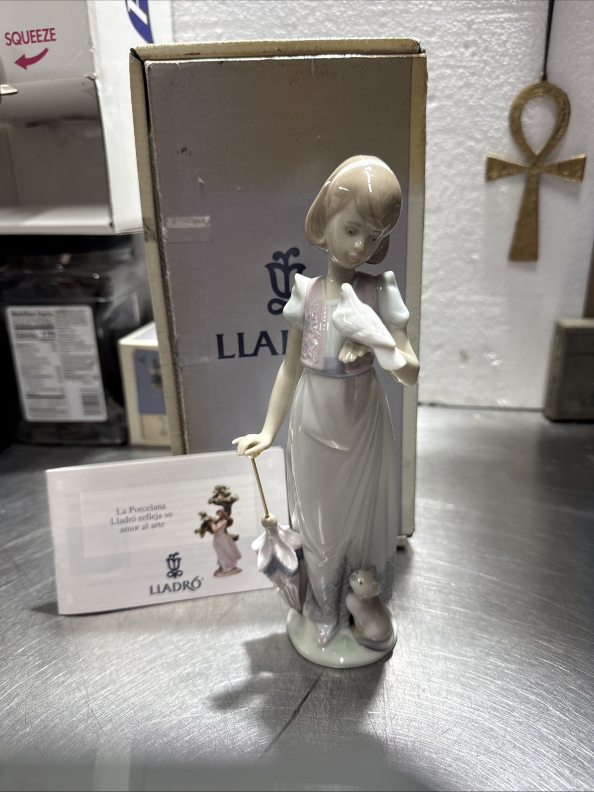 Lladró Porcelain Woman with Umbrella & Animal Figurine, White/Blue/Pink, Boxed