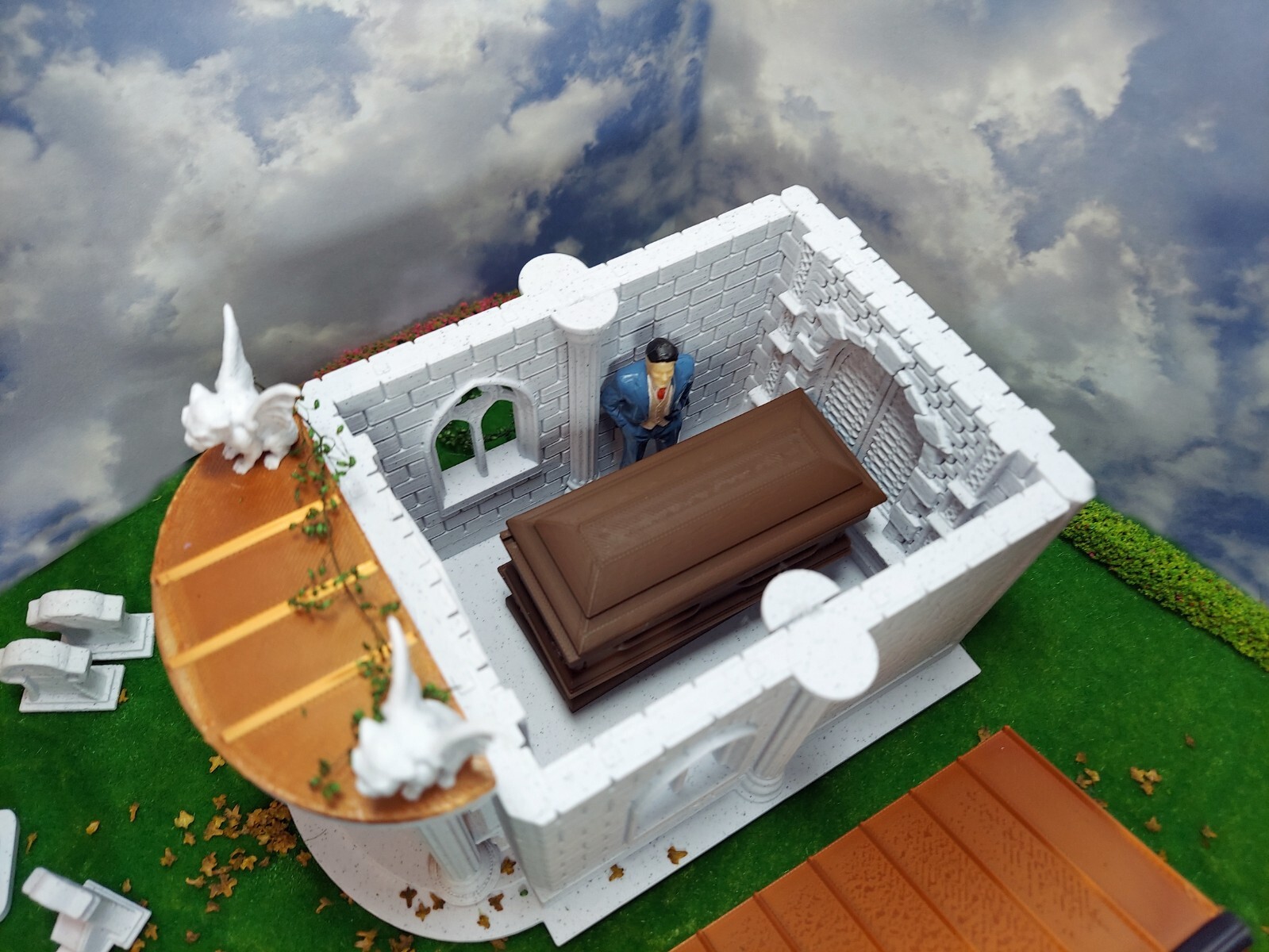 3d printed crypt. 1:24 scale (half scale) fine detail in four colors with coffin