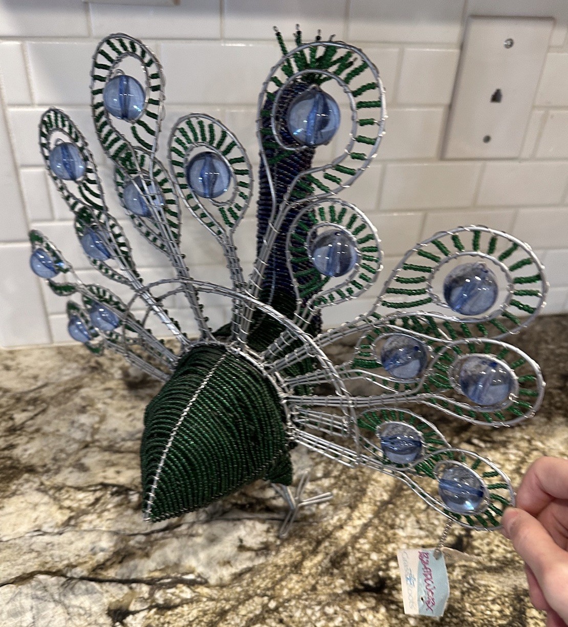 Beadworx Beaded Peacock Figurine Wire Glass Beads Art Freestanding Bird 16×13