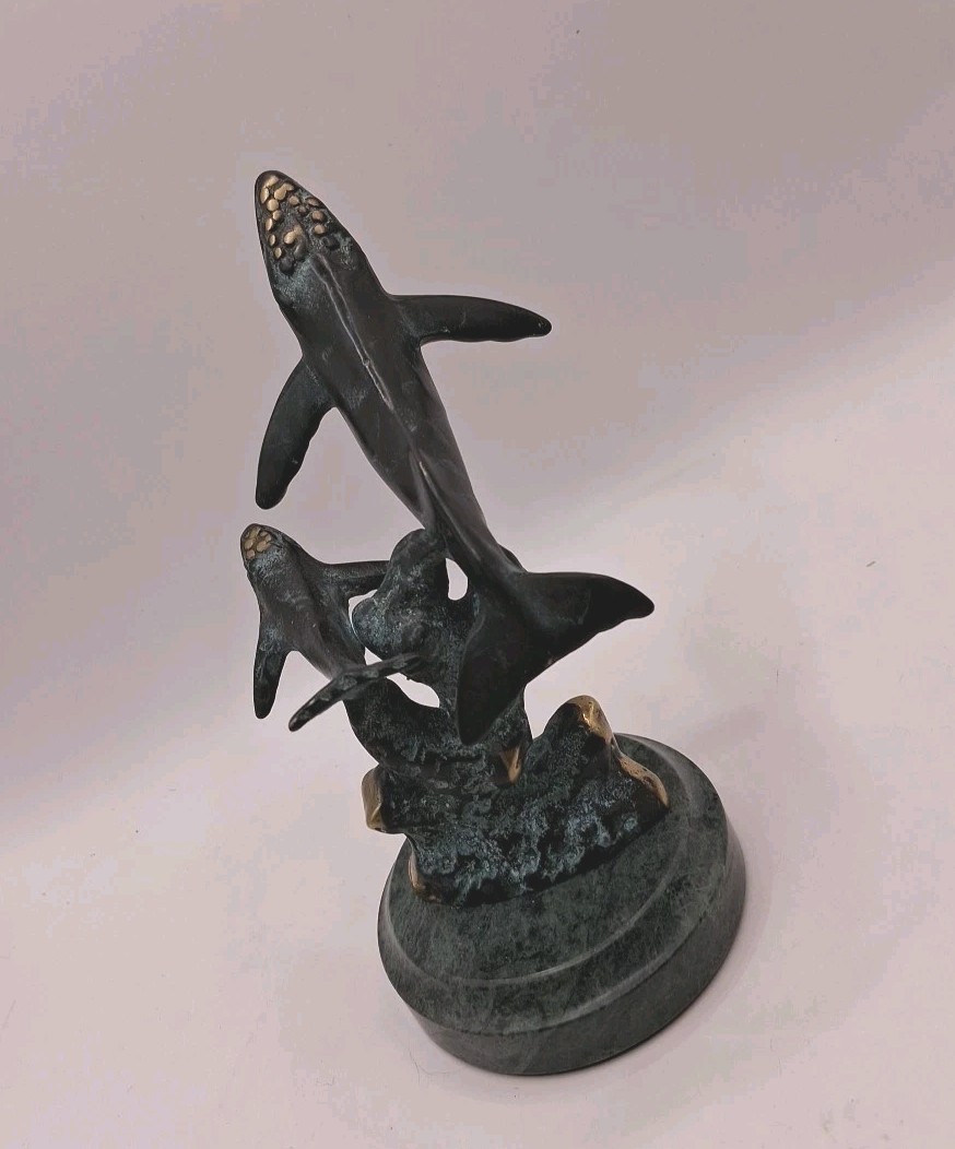SPI Gallery Hd Made Solid Brass Humpback Whale & Calf Sculpture W Marble Base