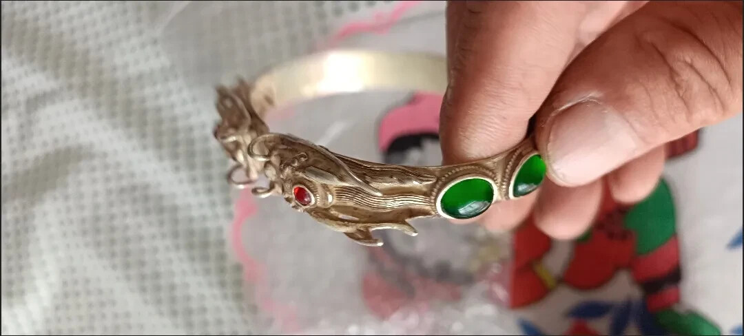 Ancient China Qing Dynasty Antique Dragon Bangle Colect Inlaid Gemstone Bracelet