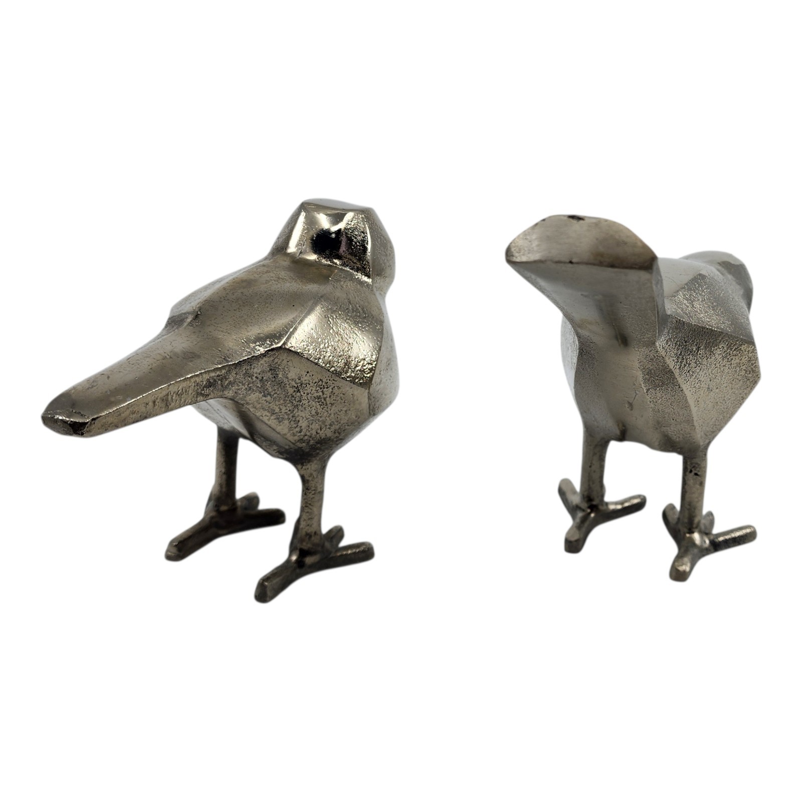 Cast Metal Pair of Decorative Geometric Silver Birds Minimalist Nature Object