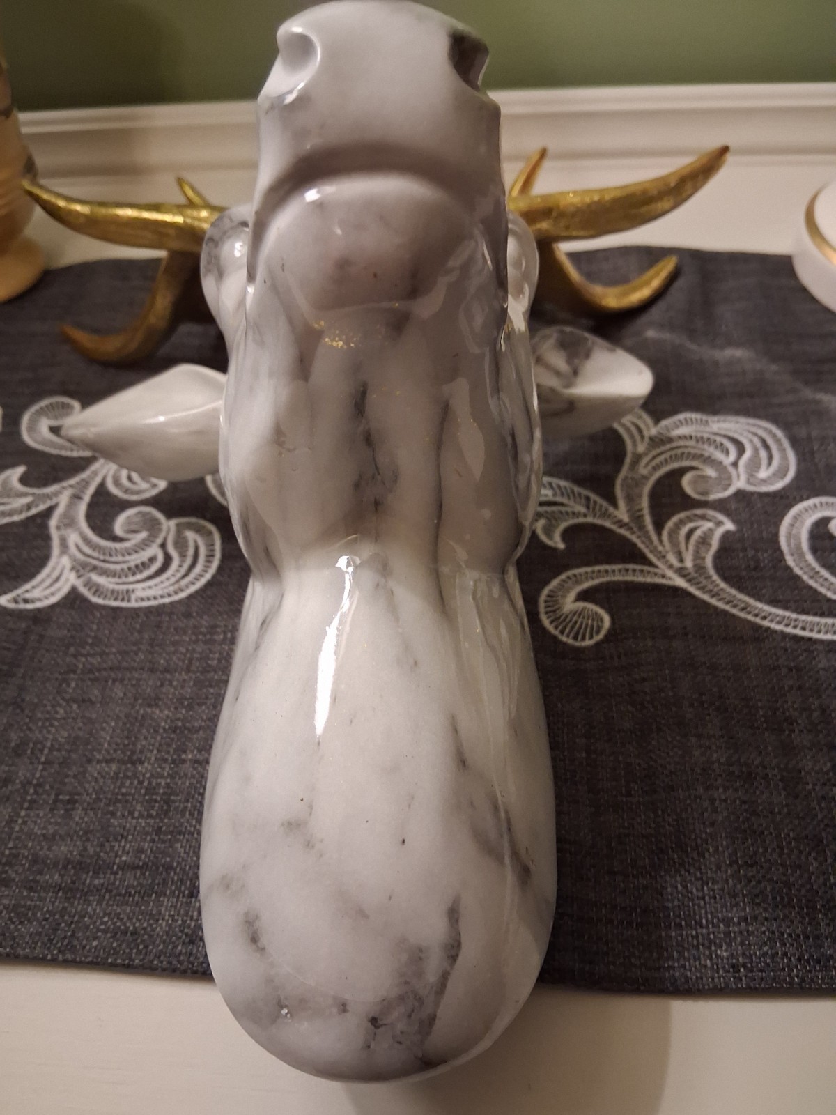 White Marbled Deer Head Hangs On Wall With Gold Antlers About 18″ Tall